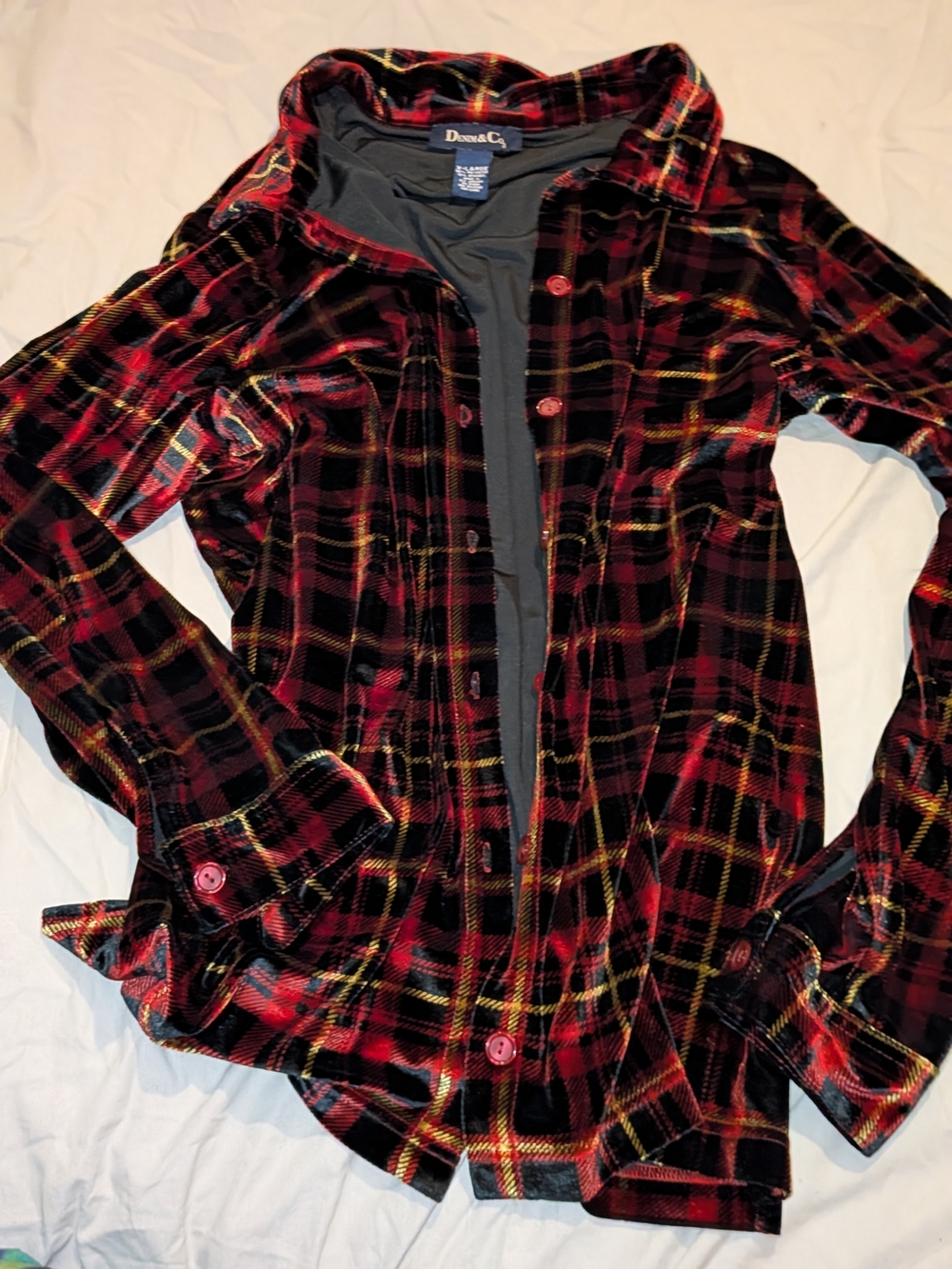 Denim&Co Red and Black Plaid Velvet Button-Down Shirt